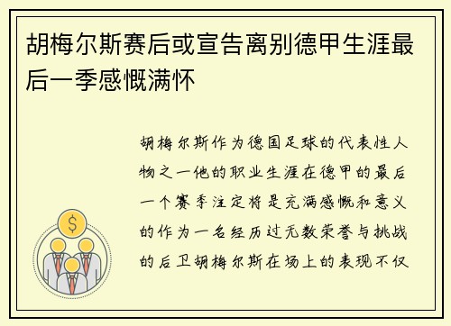 胡梅尔斯赛后或宣告离别德甲生涯最后一季感慨满怀